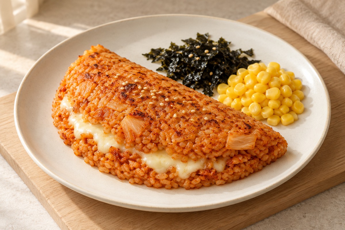 모차렐라를 넣고 반달로 접은 피오 김치밥과 곁들인 김가루, 옥수수콘