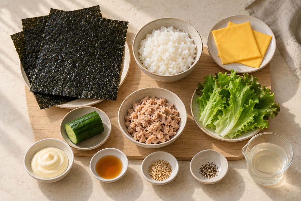 접는 김밥 재료인 김, 밥, 치즈, 상추, 참치, 오이, 마요네즈와 양념