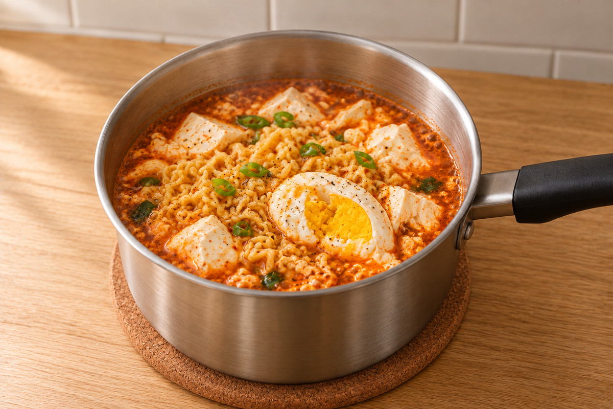 붉은 국물에 면과 순두부, 단단하게 익은 노른자가 보이는 달걀과 대파가 담긴 순두부 열라면