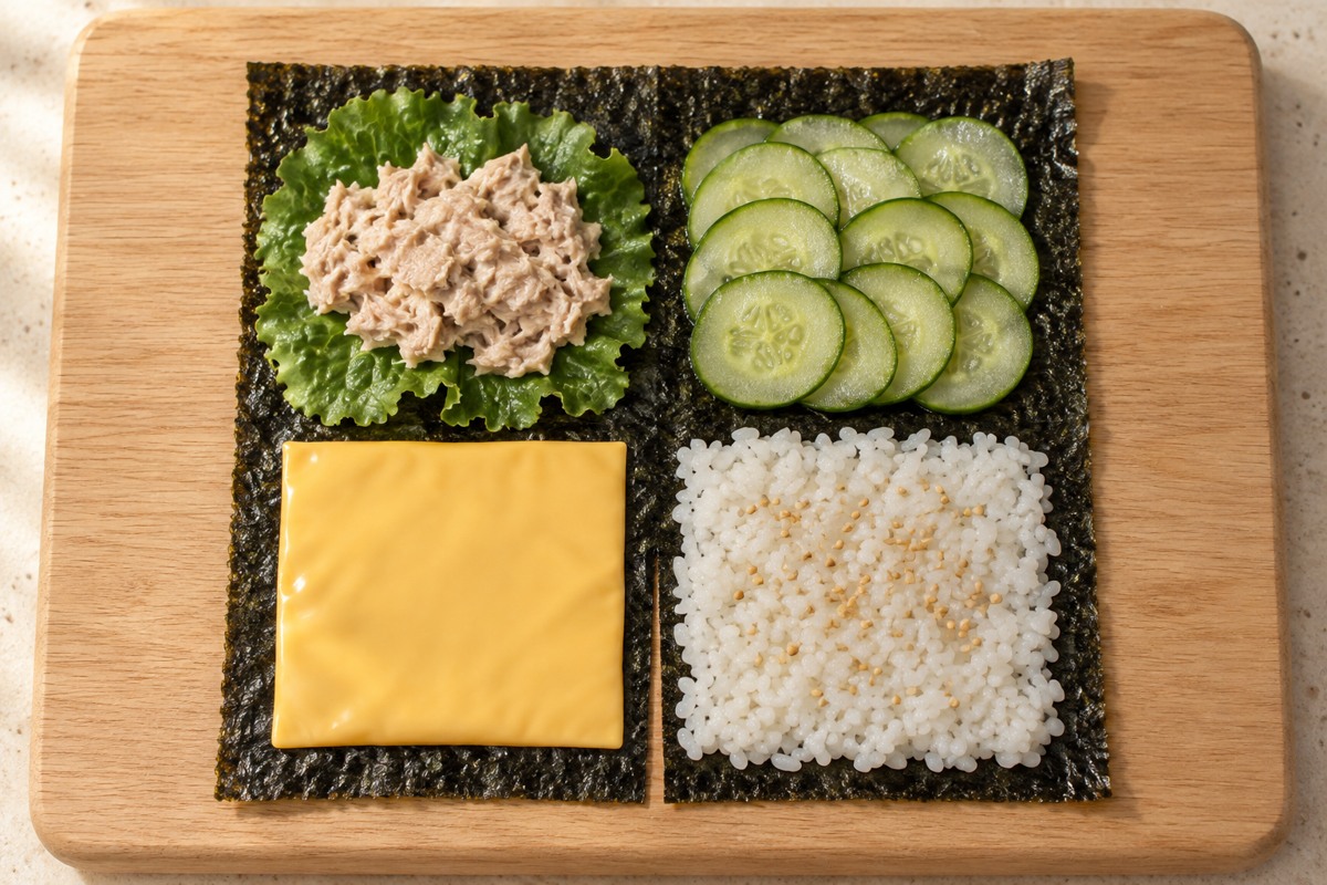 김의 좌하 치즈, 좌상 상추와 참치마요, 우상 오이, 우하 밥을 놓고 아래 중앙에 가위집을 낸 상태