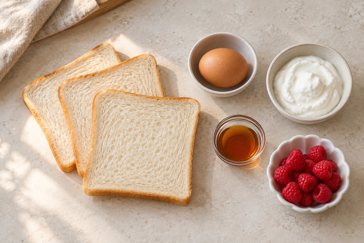 요거트 커스터드 토스트 재료인 식빵 세 장, 달걀, 그릭요거트, 메이플시럽과 라즈베리