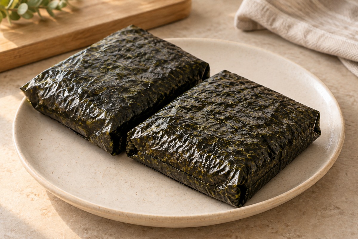 네 칸의 재료를 세 번 접어 사각형으로 완성한 참치마요 김밥 두 개