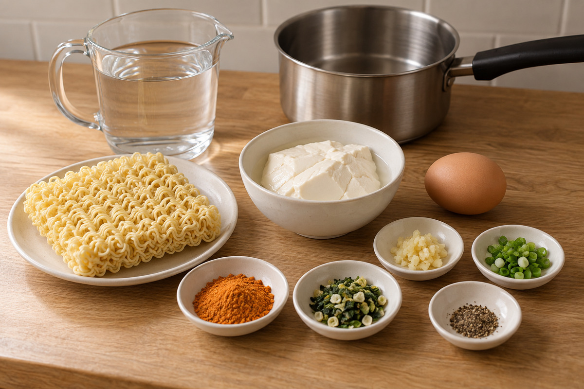 순두부 열라면 재료인 마른 라면, 순두부, 달걀, 물, 대파, 마늘과 수프