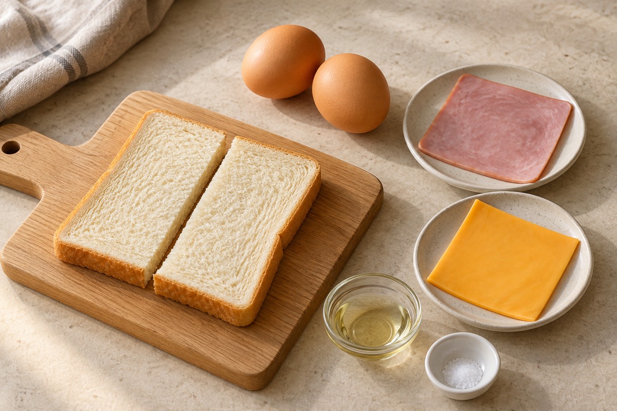 반으로 자른 식빵 한 장과 달걀 두 개, 햄, 체다치즈, 식용유, 소금