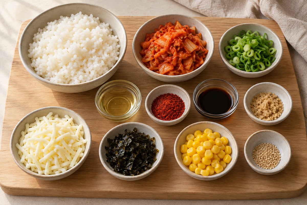 피오 김치밥 재료인 밥, 김치, 대파, 모차렐라와 김가루, 옥수수콘, 양념