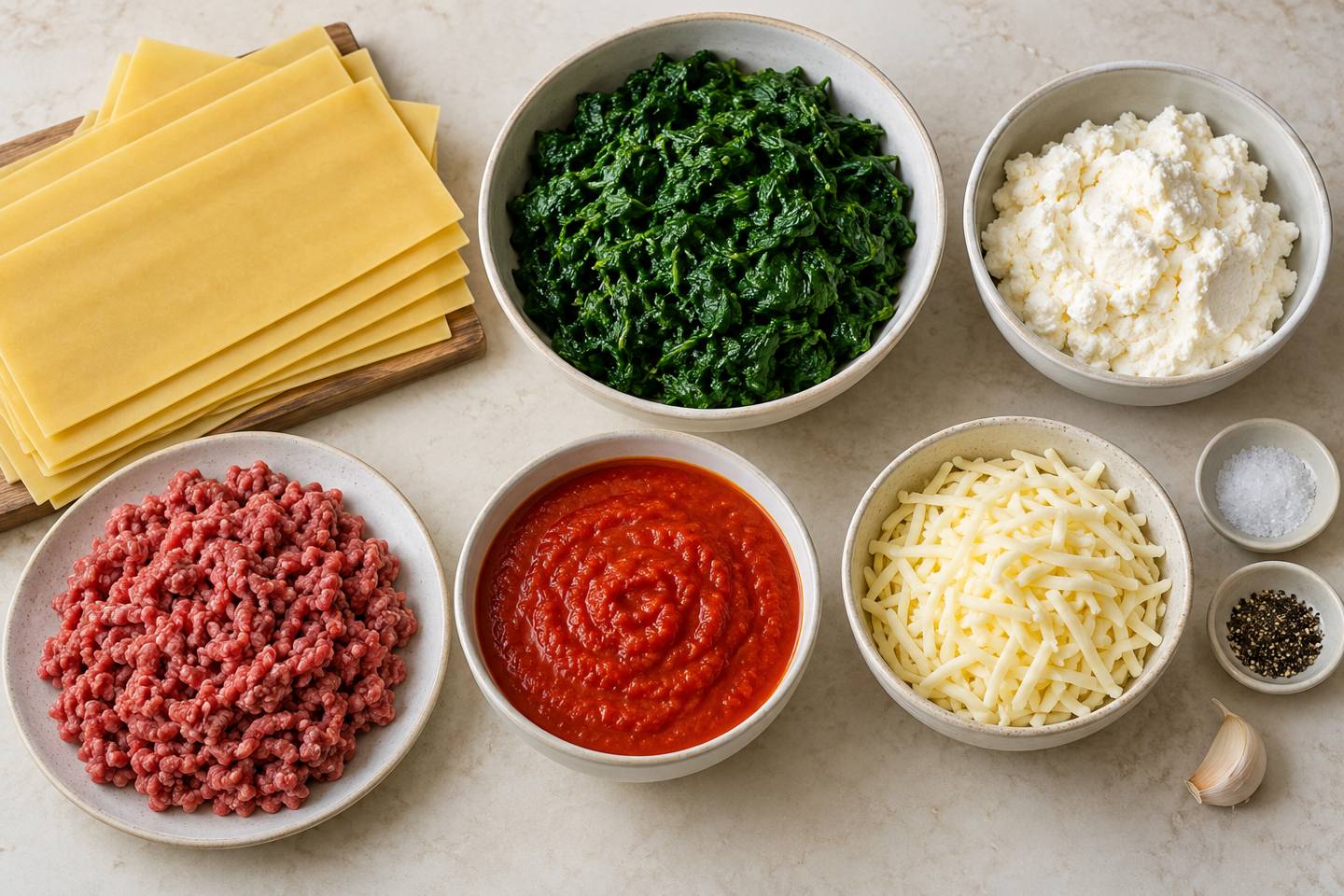 라자냐면과 데친 시금치, 리코타치즈, 쇠고기 다짐육, 토마토소스와 모차렐라를 준비한 모습