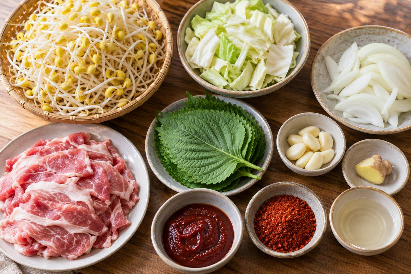 얇게 썬 돼지고기와 콩나물, 양배추, 양파, 깻잎, 고추장 양념 재료를 따로 놓은 모습