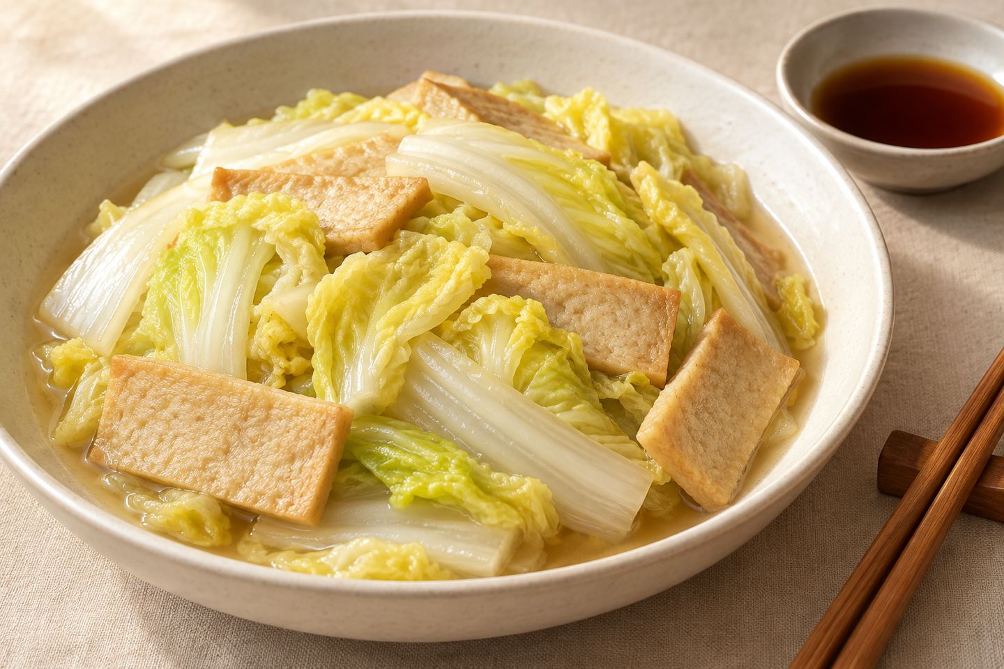 부드럽게 익은 노란 배추 잎과 어묵을 자작한 국물과 함께 담고 폰즈소스를 곁들인 배추찜