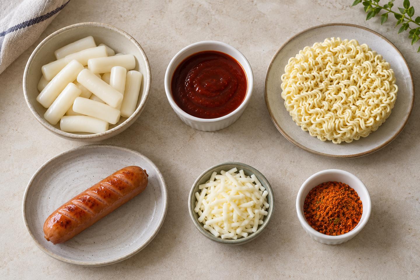 떡볶이 떡과 소스, 즉석면, 소시지와 모짜렐라치즈를 따로 준비한 모습