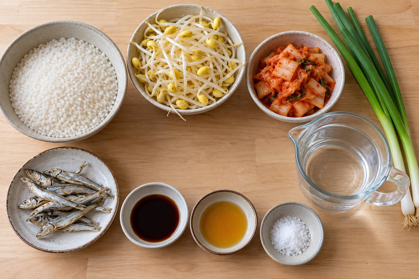 쌀, 콩나물, 배추김치, 실파와 멸치장국용 재료를 따로 놓은 갱죽 재료 구성