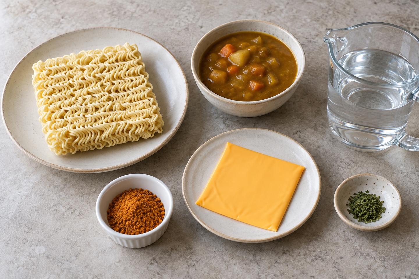 즉석면과 준비된 카레, 슬라이스치즈, 라면스프, 물과 파슬리가루