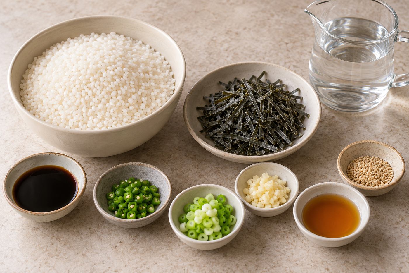 쌀과 마른 다시마, 간장과 다진 고추·파·마늘 및 참기름·통깨를 준비한 모습