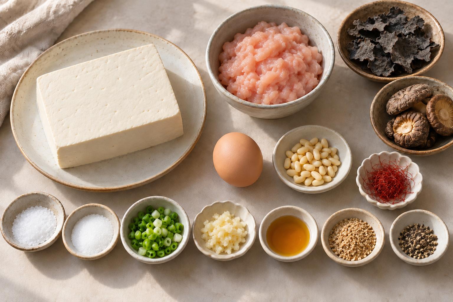 두부와 별도 그릇의 다진 닭고기, 버섯, 달걀, 잣과 실고추를 준비한 두부선 재료