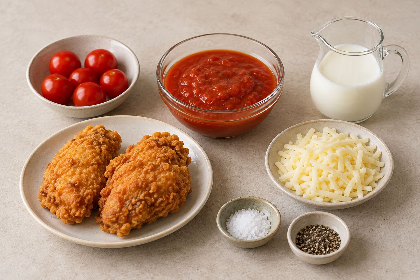 가열 완료 치킨과 토마토소스, 우유, 방울토마토, 모짜렐라치즈를 따로 준비한 모습