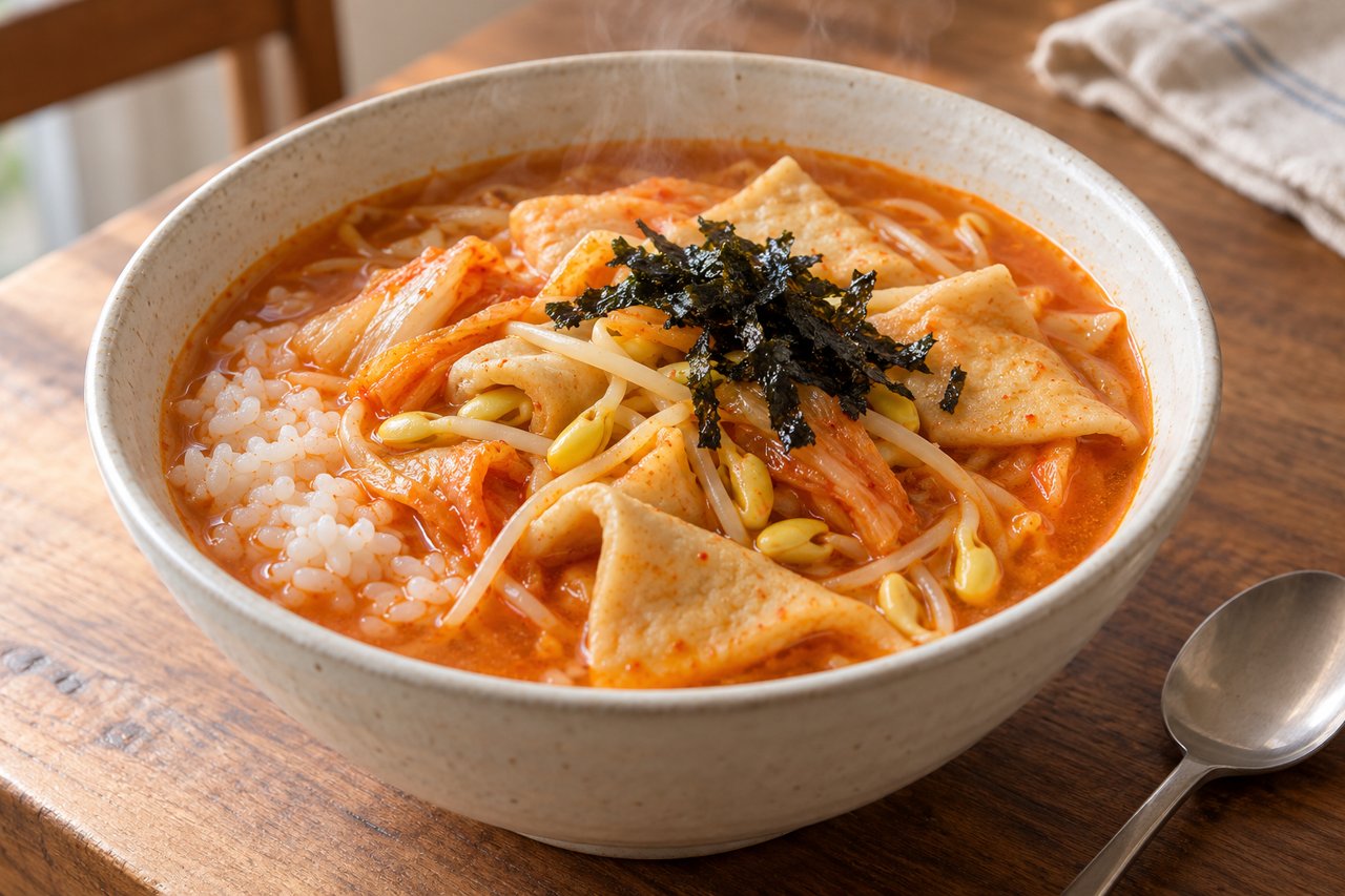 김치와 어묵, 콩나물 국물에 밥을 담고 김가루를 올린 김치어묵국밥