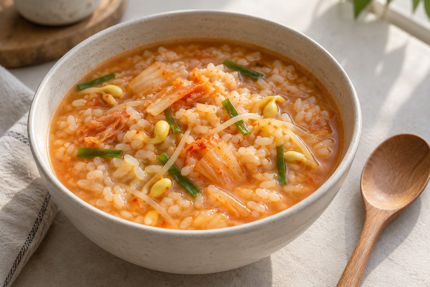 김치와 콩나물, 실파가 섞인 촉촉한 갱죽을 그릇에 담은 모습