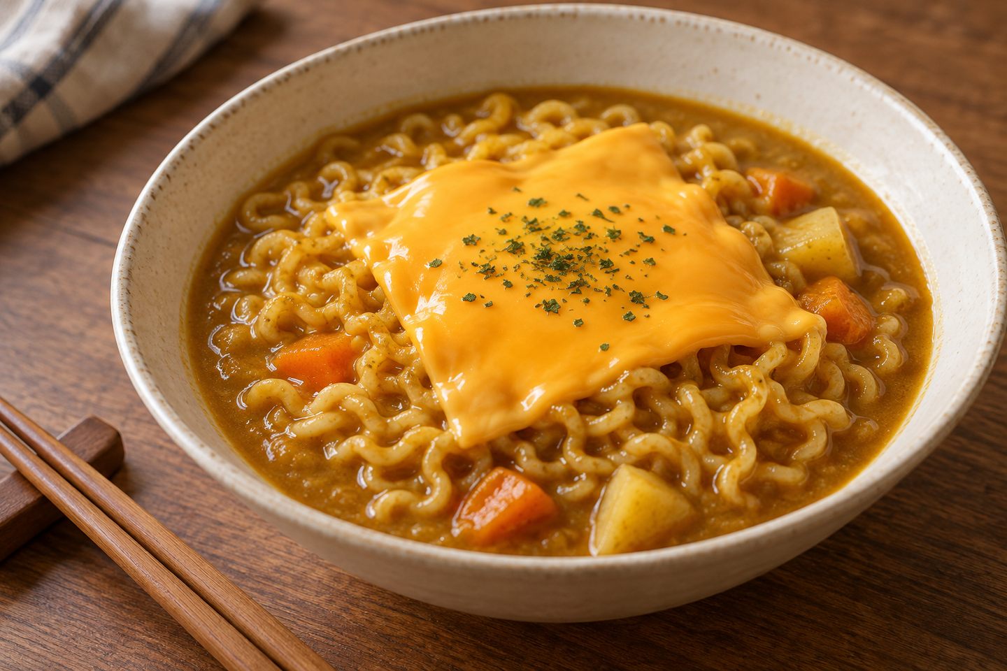 걸쭉한 카레라면 위에 슬라이스치즈 한 장과 파슬리를 얹은 완성 모습