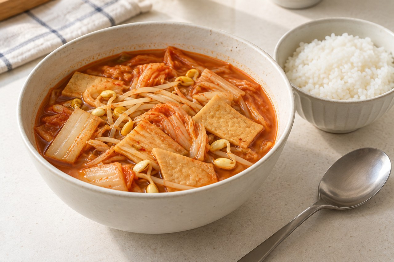 김치와 콩나물을 넣은 어묵탕 옆에 밥을 따로 준비한 모습