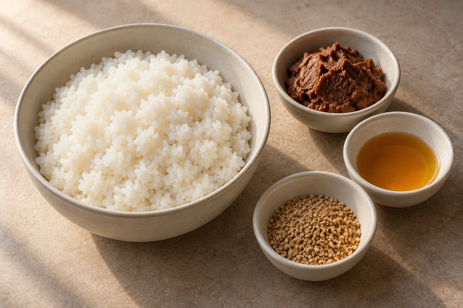 찬밥과 된장, 참기름, 깨소금을 각각 담은 된장주먹밥 재료