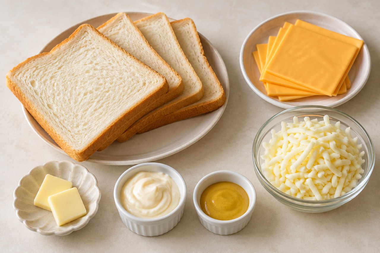 식빵과 슬라이스치즈, 모짜렐라치즈, 버터, 마요네즈, 허니머스타드를 준비한 모습