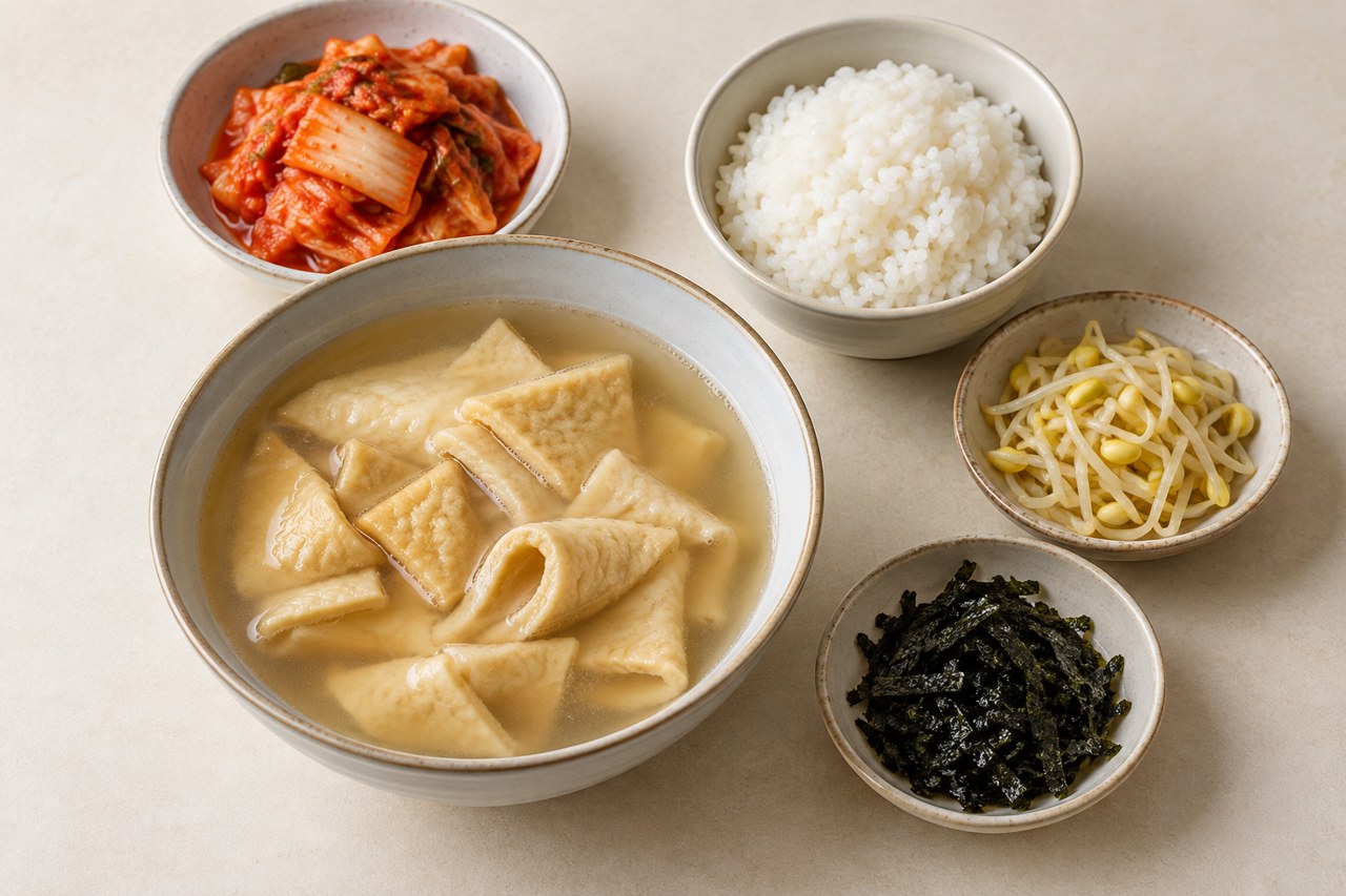 어묵탕과 자른 김치, 흰밥, 콩나물, 김가루를 각각 담아 놓은 재료 구성