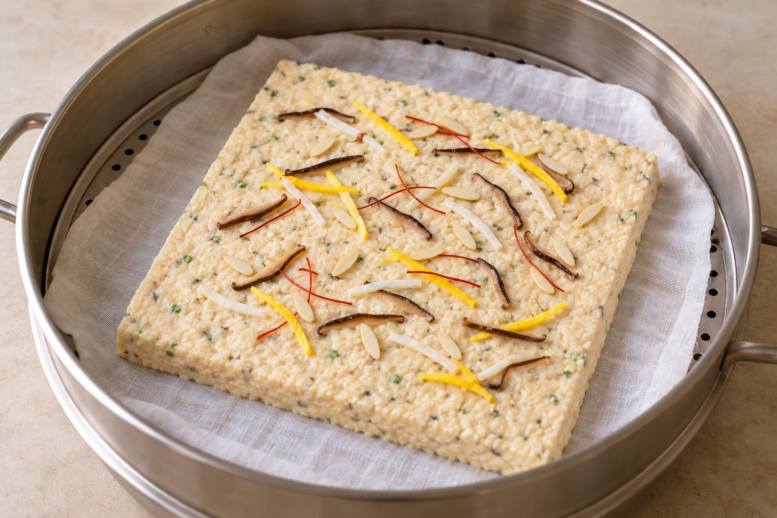 젖은 면보 위에 네모나게 편 두부와 닭고기 반대기에 버섯과 황백지단, 실고추, 잣을 올린 모습