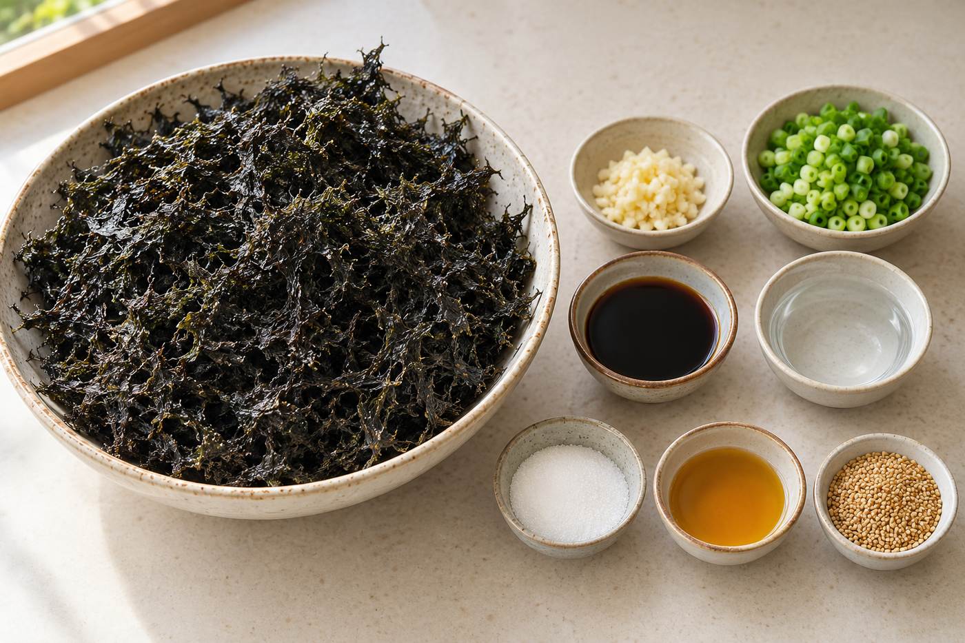 마른 돌자반과 마늘, 파, 간장, 물, 설탕, 참기름, 볶은 참깨를 준비한 모습