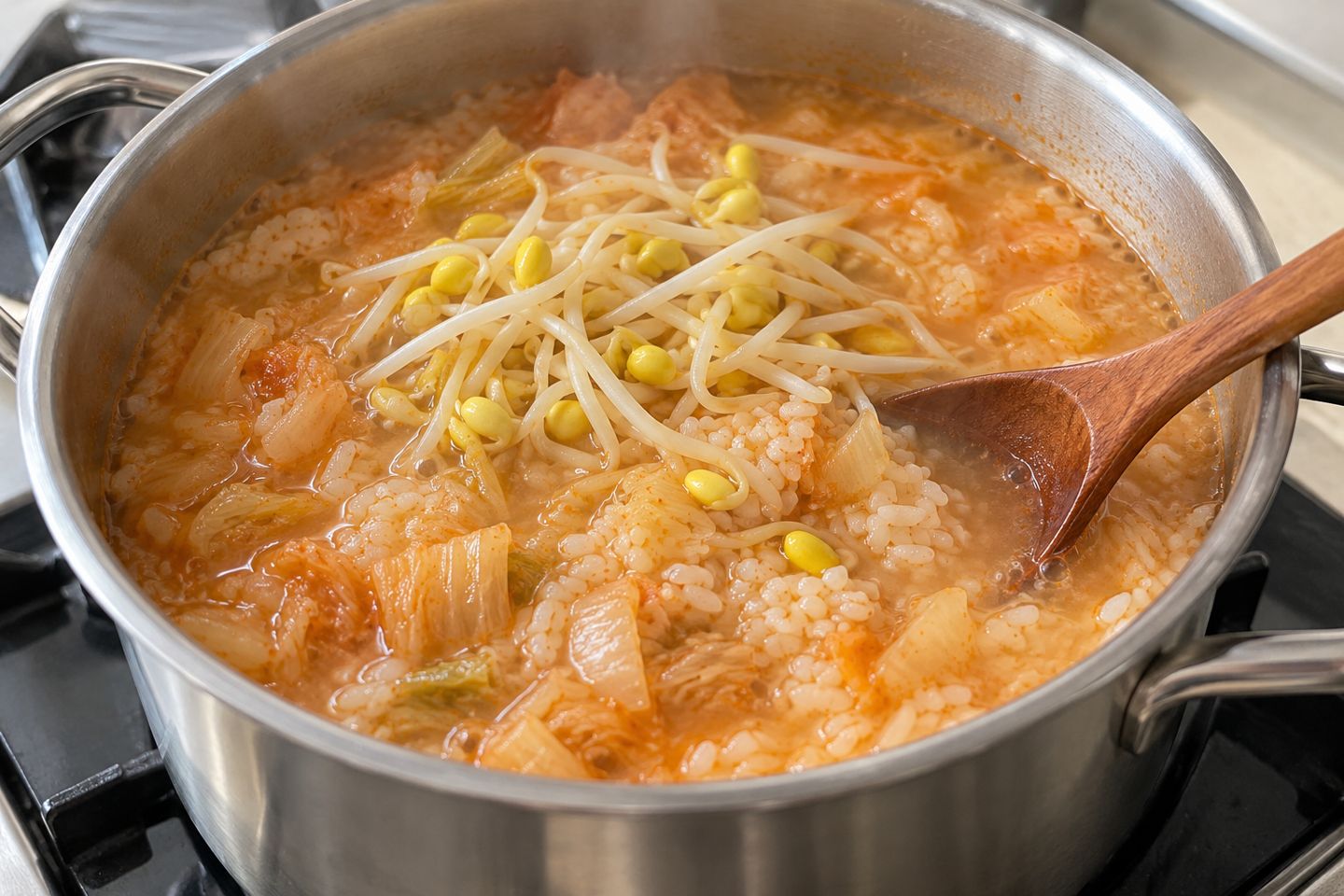 김치와 쌀을 끓인 멸치장국에 콩나물을 넣고 주걱으로 저어 익히는 과정
