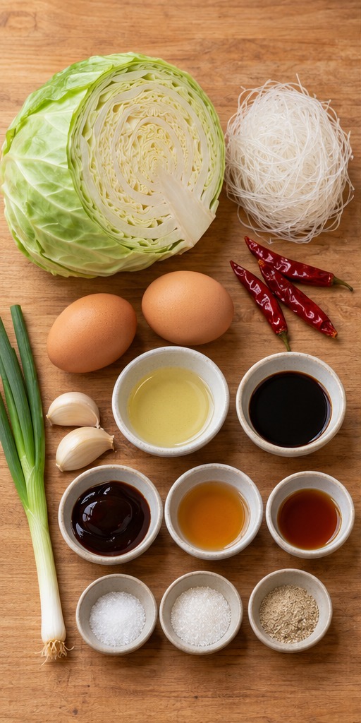 둥근 양배추와 녹두 버미셀리, 달걀 및 볶음 양념 재료