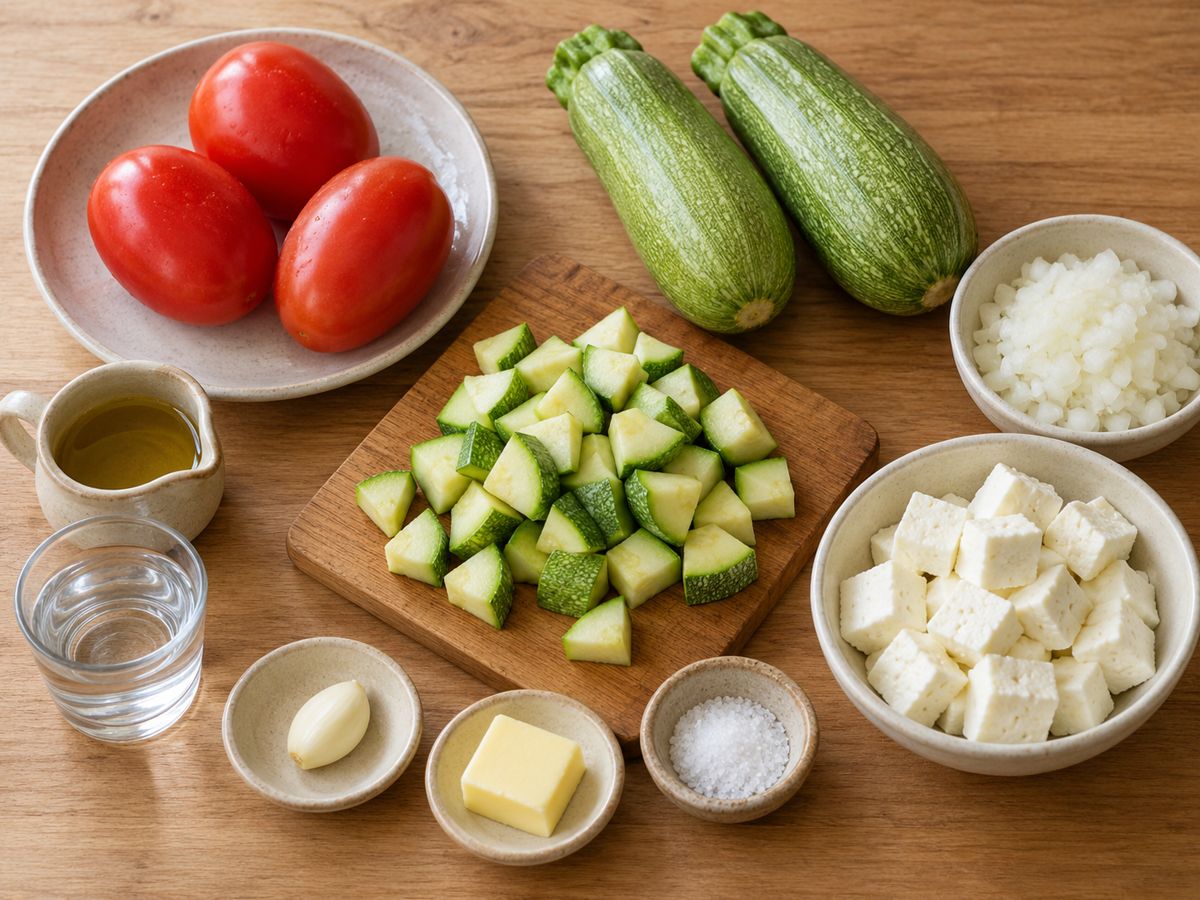 토마토, 멕시코 호박, 마늘, 양파, 파넬라 치즈와 양념