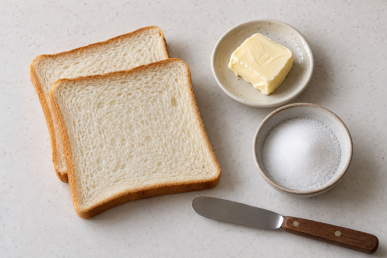 식빵 두 장과 파운드마가린, 설탕을 준비한 모습