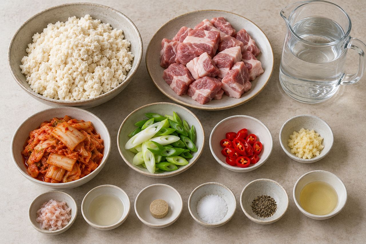 콩비지와 찌개용 돼지고기, 김치, 대파, 홍고추, 밑간 재료와 물을 나누어 준비한 모습