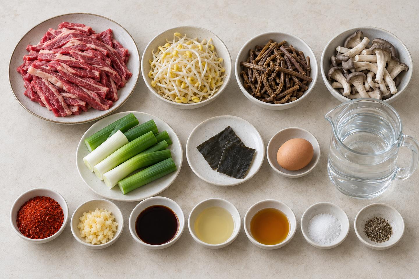 양지와 콩나물 또는 숙주, 전처리 고사리, 느타리버섯, 대파, 다시마, 달걀과 양념을 나누어 준비한 모습