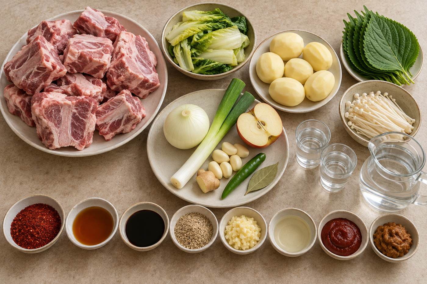 돼지등뼈와 작은 감자, 데친 얼갈이, 깻잎, 팽이버섯, 향채와 감자탕 양념을 나누어 준비한 모습