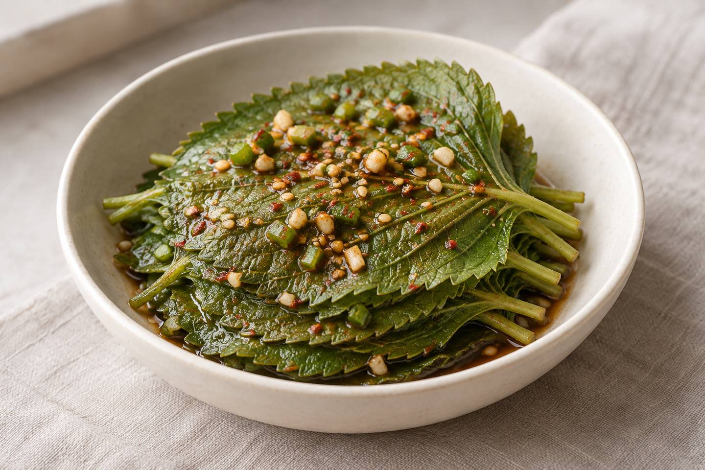간장 양념과 쪽파, 참깨가 얹힌 깻잎찜의 완성 예시