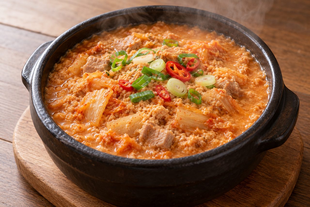 몽글한 콩비지에 돼지고기와 김치가 어우러지고 대파와 홍고추를 더한 완성 찌개