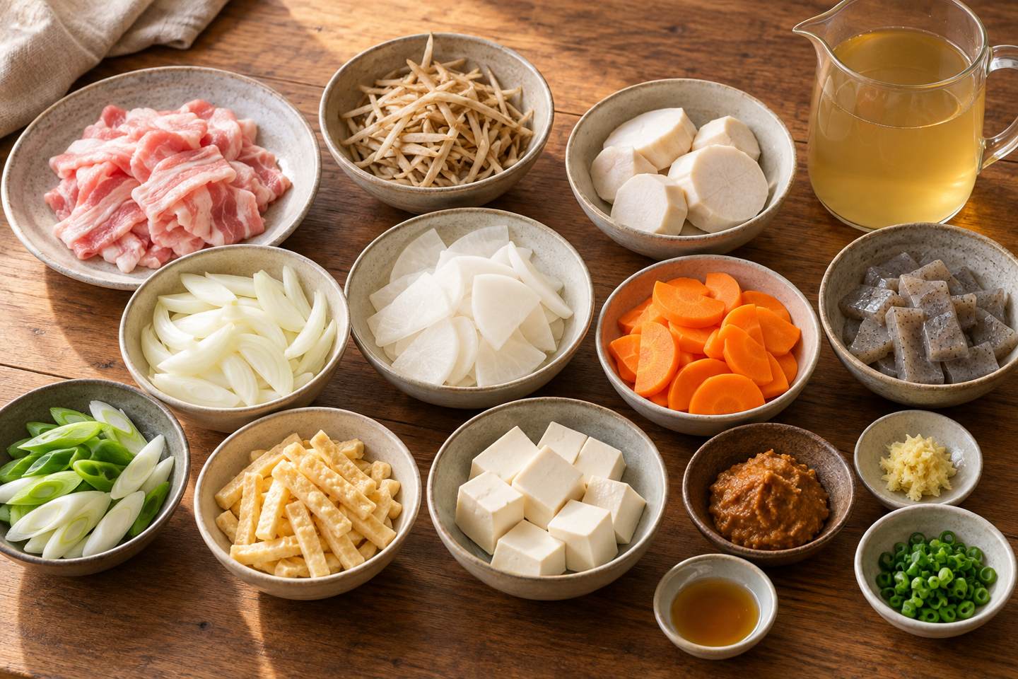 돼지고기, 뿌리채소, 곤약, 유부, 두부, 미소와 다시 육수를 나누어 준비한 돈지루 재료의 AI 생성 이미지