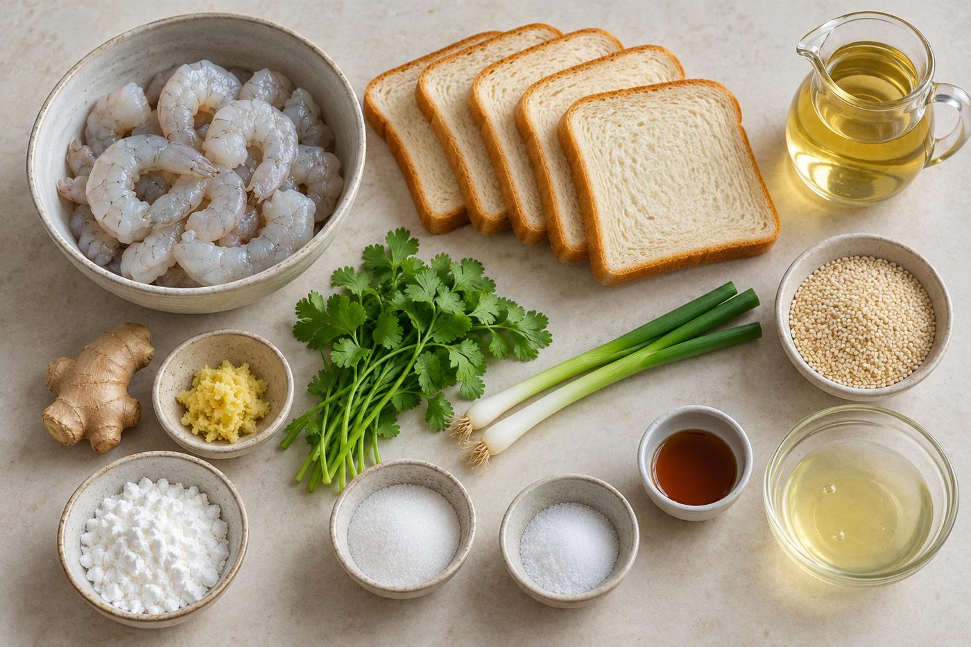 새우와 흰 식빵 네 장, 고수, 가는 파, 생강, 참깨, 흰자와 양념 재료. 선택 재료 돼지 비계는 제외한 구성