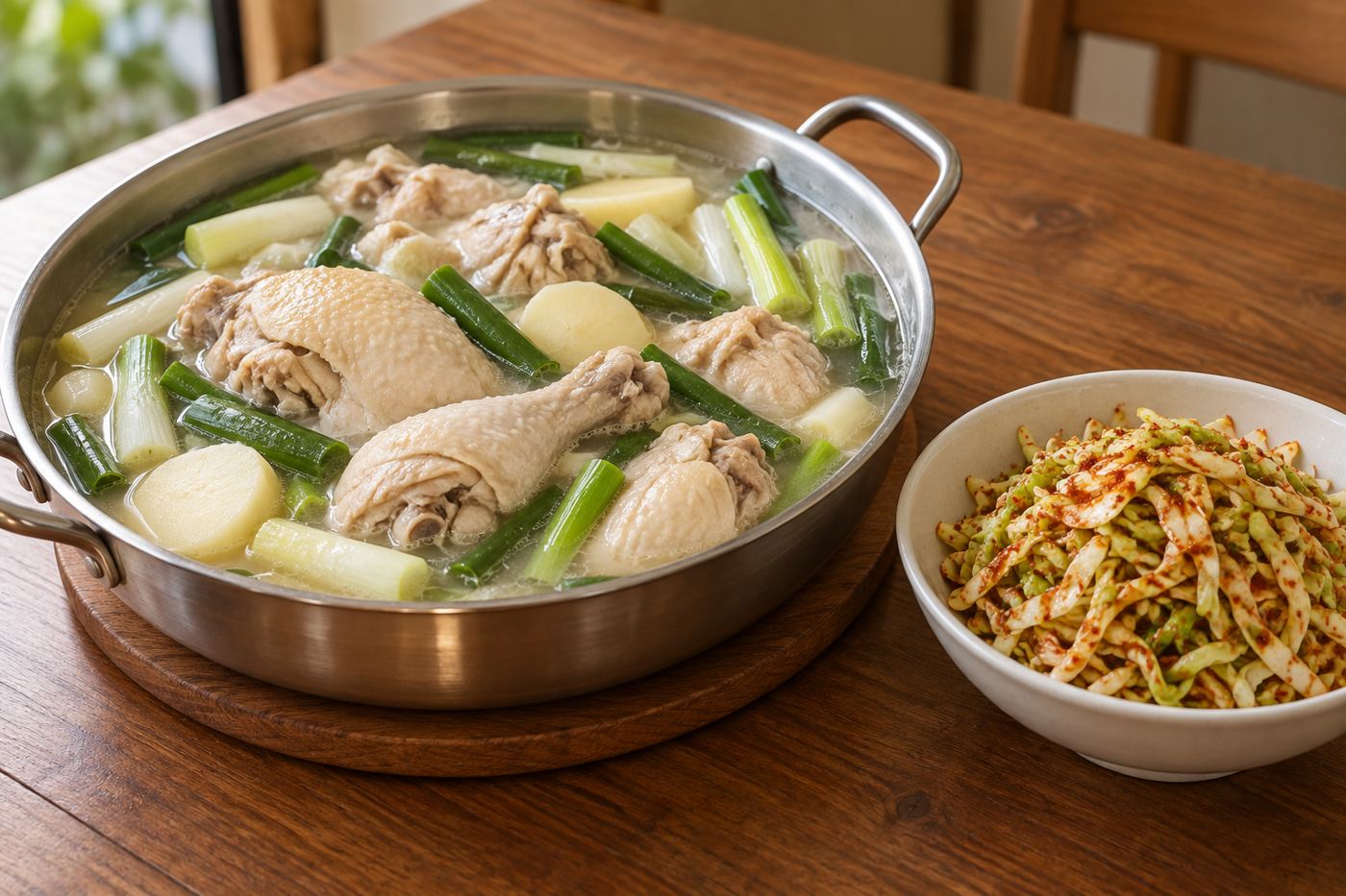 맑은 국물의 닭한마리에 감자와 대파를 담고 매콤한 양배추무침을 따로 곁들인 상차림