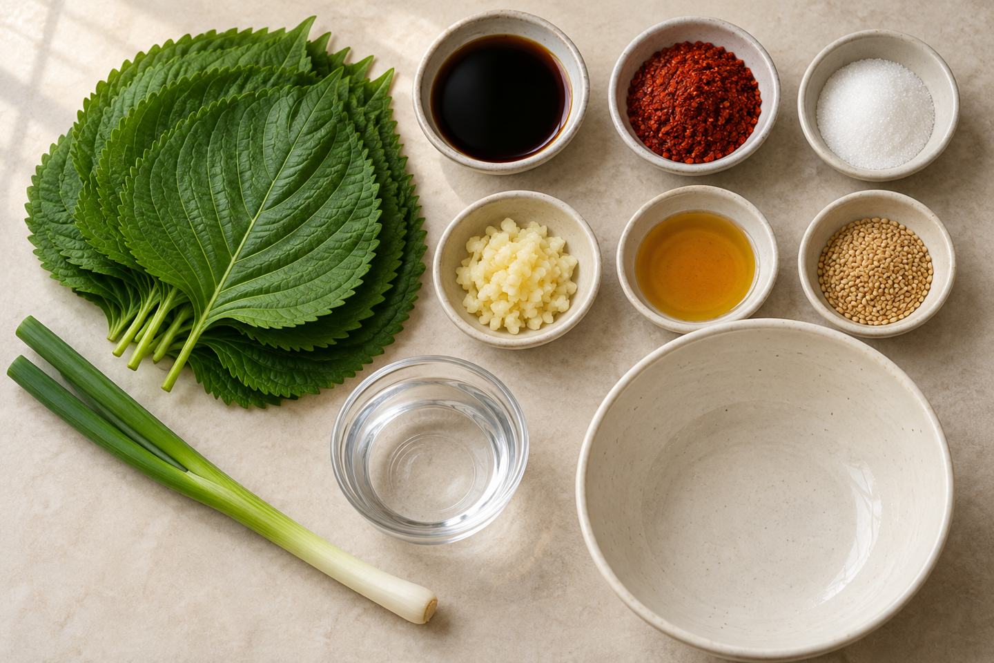 깻잎과 간장, 고춧가루, 설탕, 마늘, 쪽파, 참기름, 참깨, 양념용 물의 재료 예시