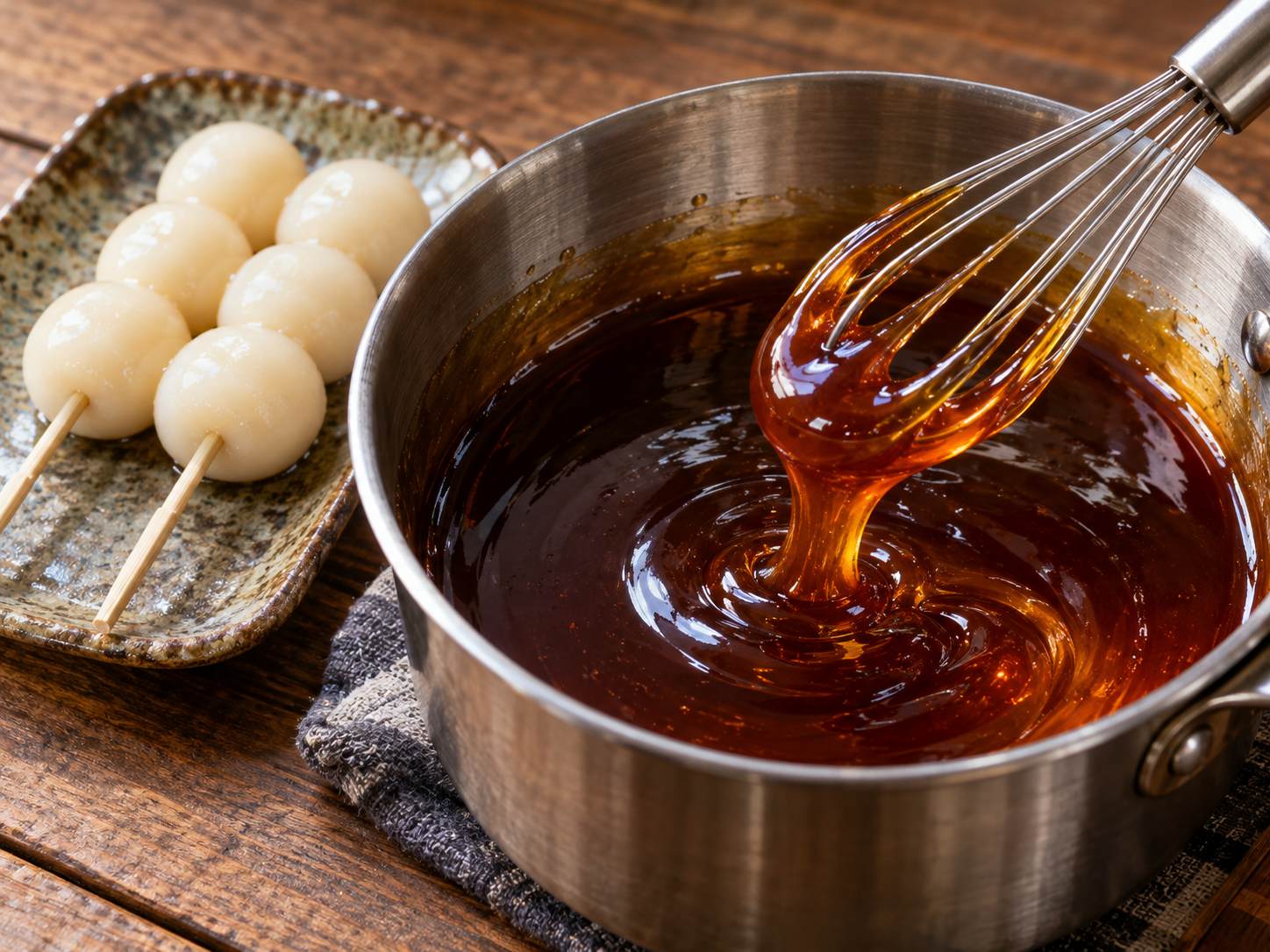 경단 꼬치 옆에서 윤기 있는 간장소스를 젓는 과정