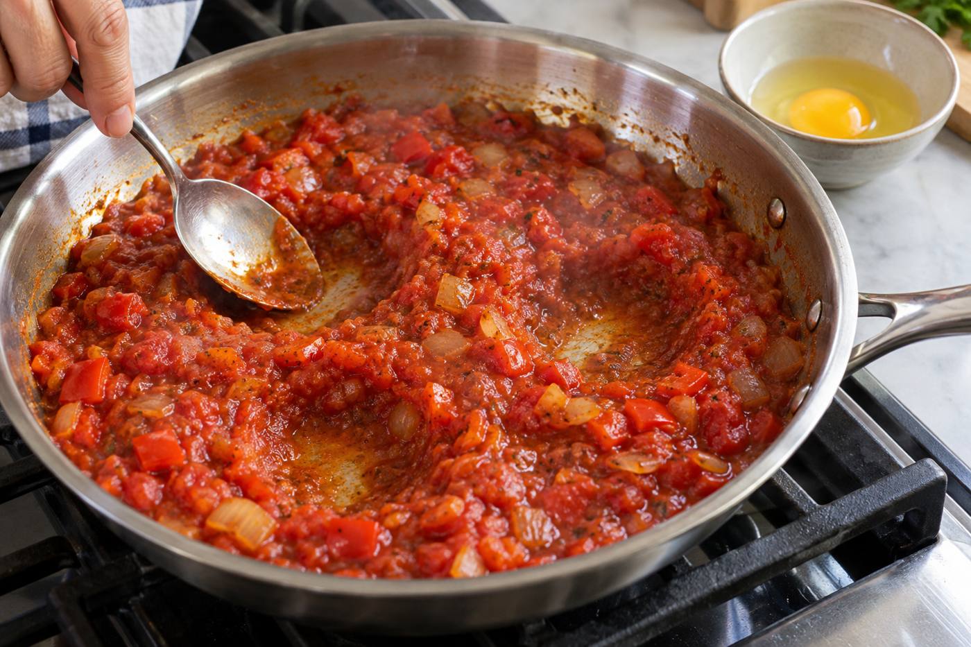 끓는 토마토소스에 달걀을 넣을 자리를 숟가락으로 만드는 과정 예시