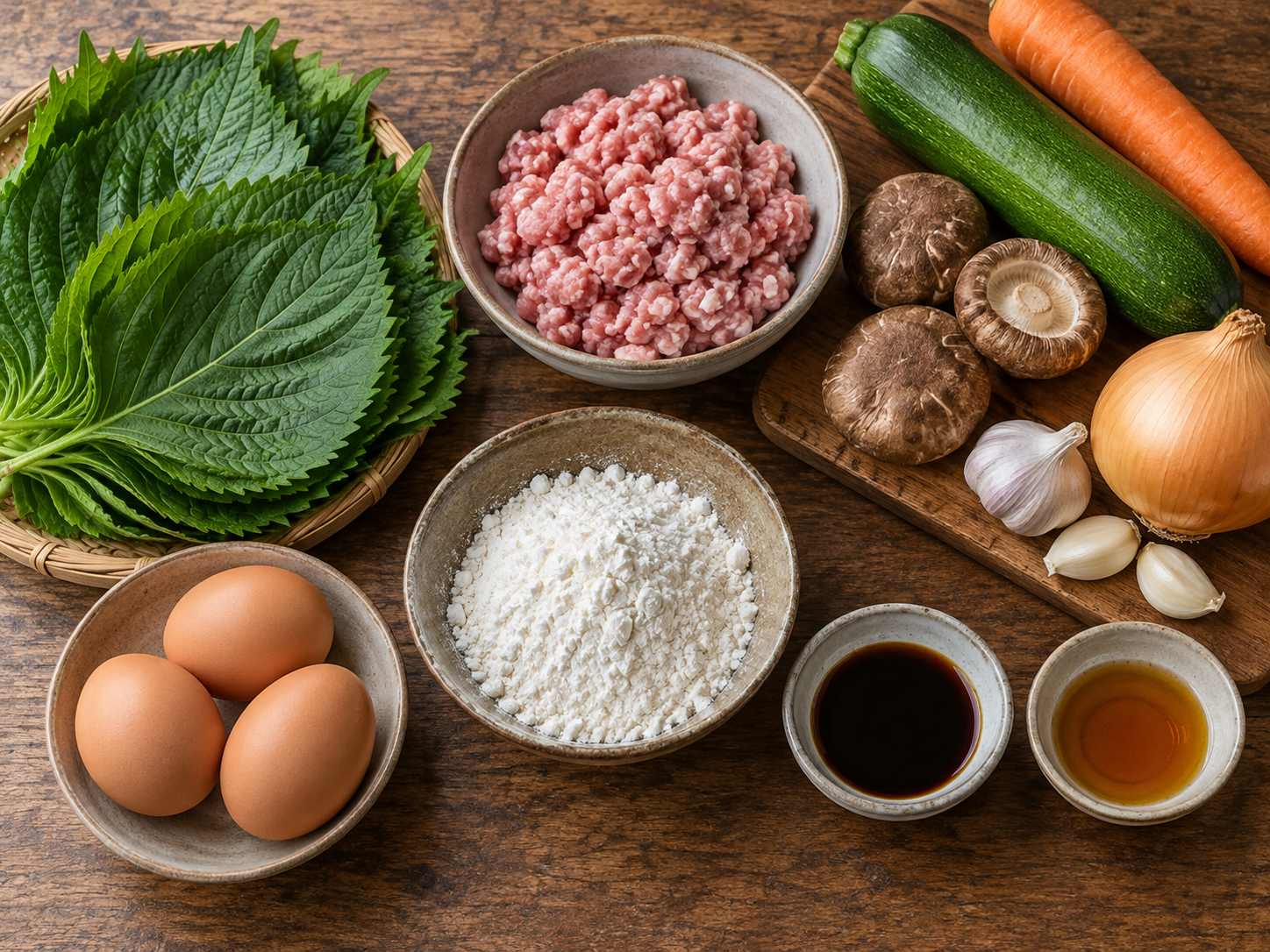깻잎과 다진 돼지고기·채소·달걀·밀가루 등의 재료