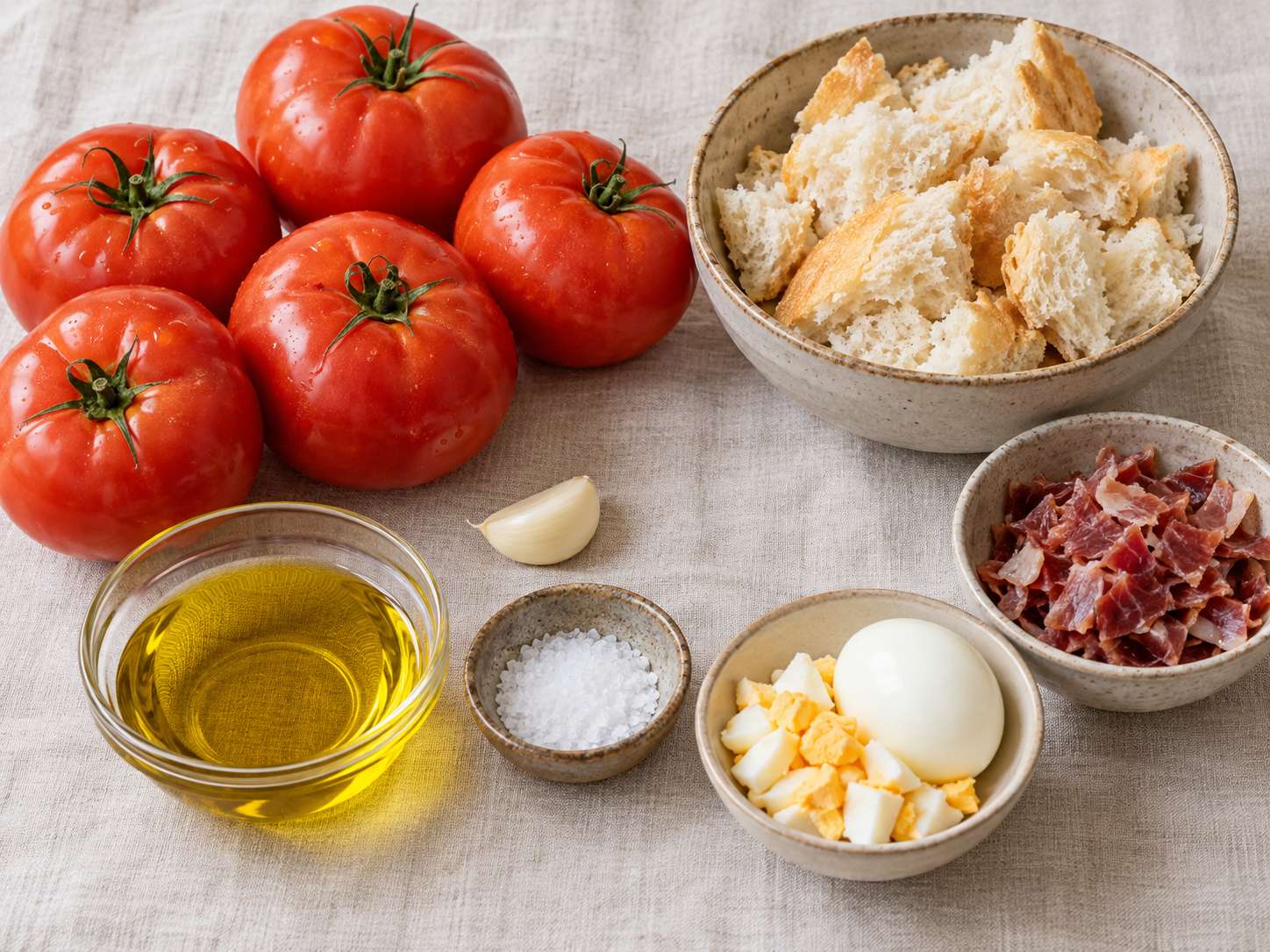 토마토와 빵, 마늘, 올리브오일, 소금을 준비한 살모레호 재료