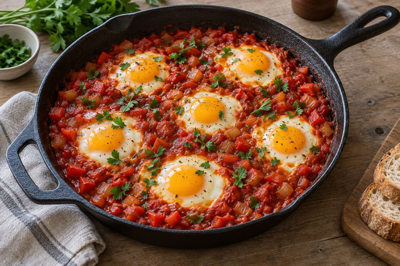 토마토·빨간 파프리카 소스에 달걀 여섯 개를 익힌 샥슈카 완성 예시