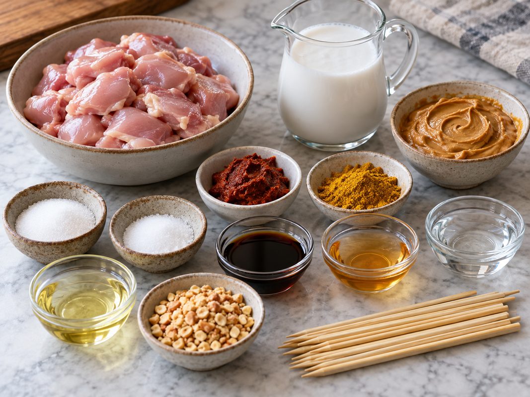 닭다리살과 코코넛밀크, 커리 향신료, 땅콩소스를 위한 재료