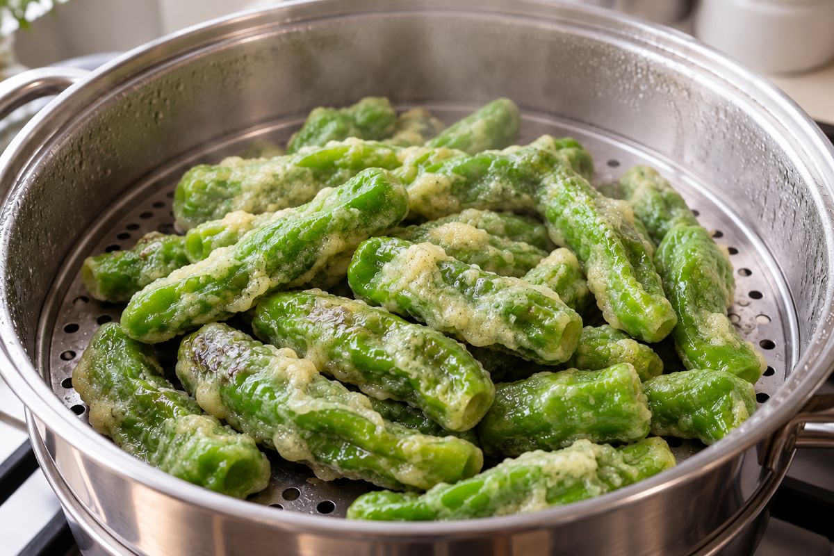 가루옷을 입힌 꽈리고추를 찜기에 익히는 과정