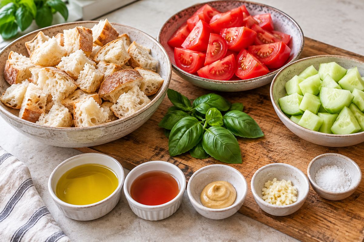토마토와 오이, 바질, 한입 크기의 빵과 판차넬라 드레싱 재료