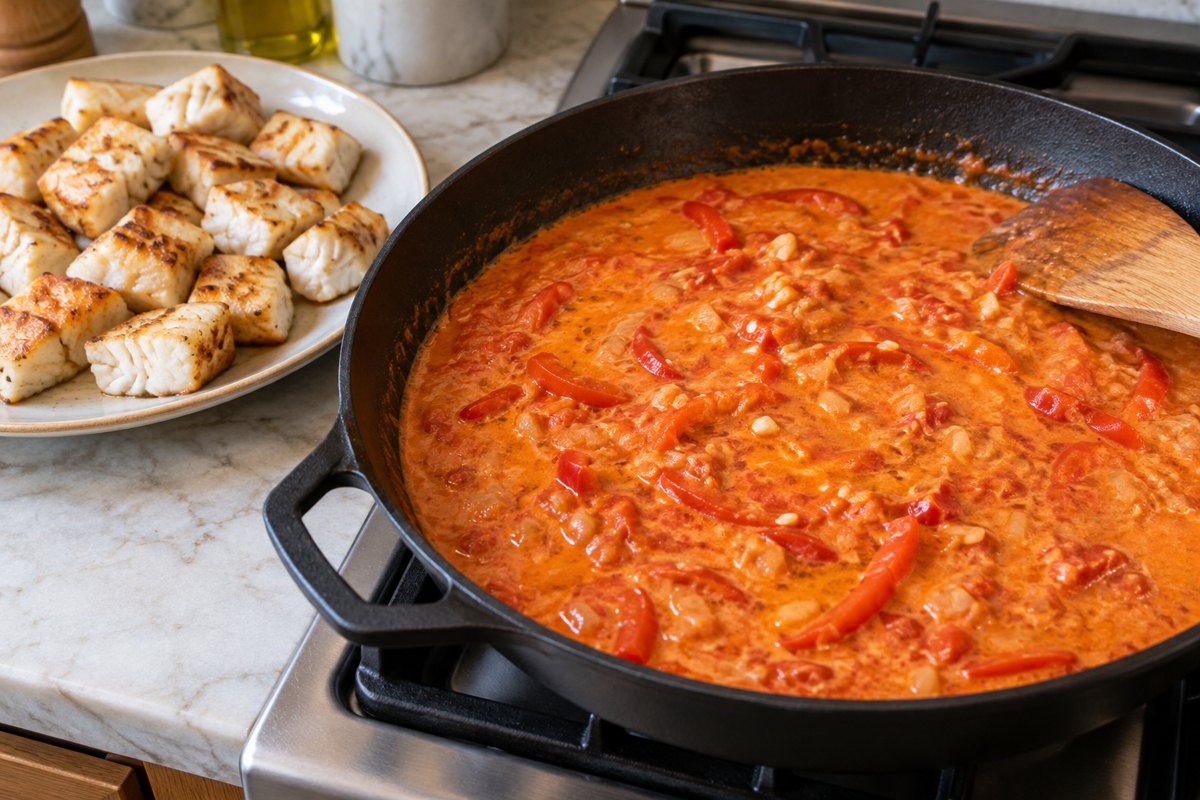 토마토 코코넛 국물을 졸이는 팬 옆에 따로 구운 흰살생선을 준비한 모습