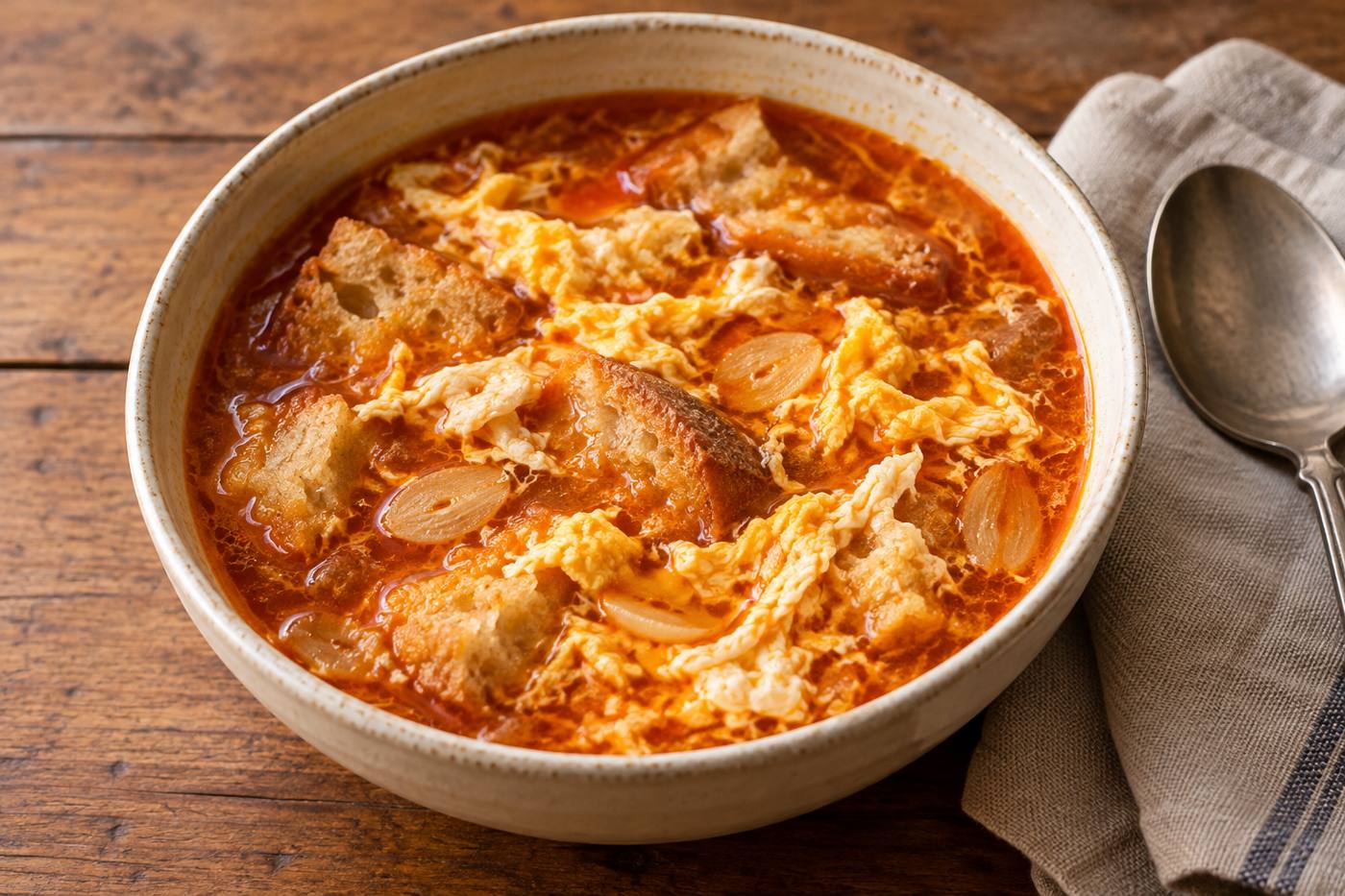 붉은 파프리카 국물에 부드러운 빵과 익은 달걀을 담은 스페인 마늘수프